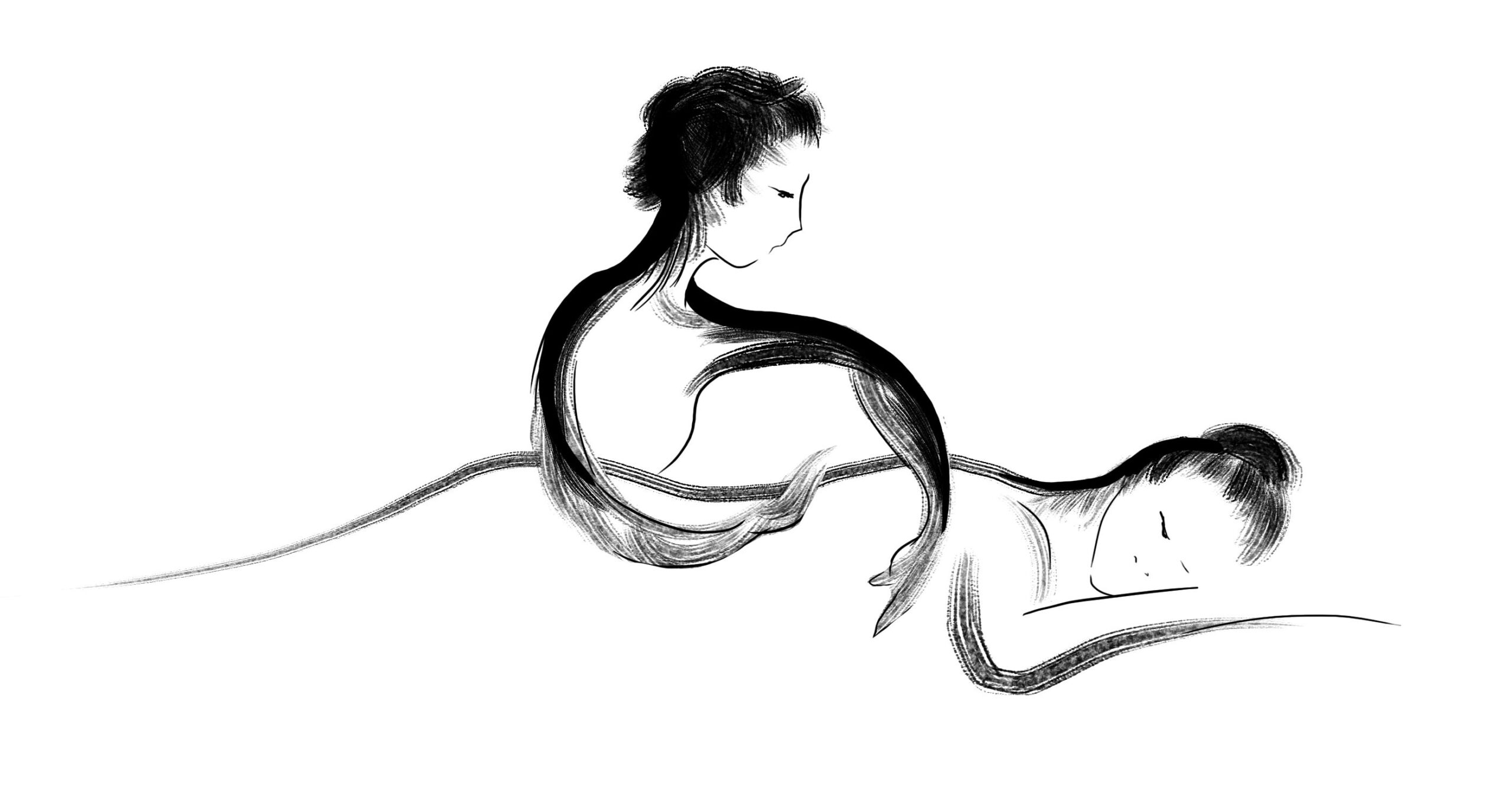 Logo Loving Hands: minimalistische schwarz-weiße Illustration einer Lomi-Lomi-Nui-Massage mit zwei stilisierten Personen.